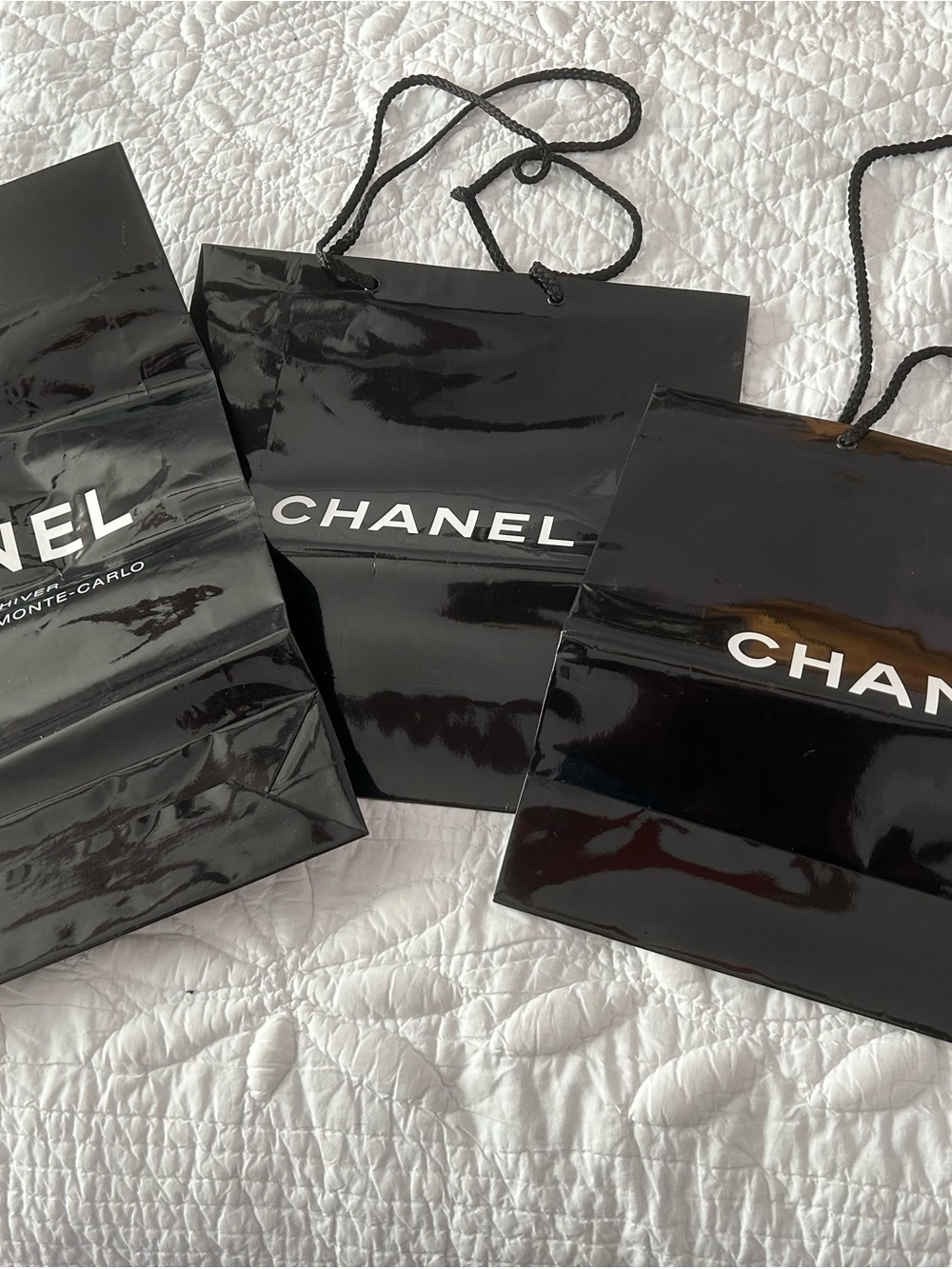 CHANEL Glossy Black Paper Shopping Bags with White Logo - Set of 3